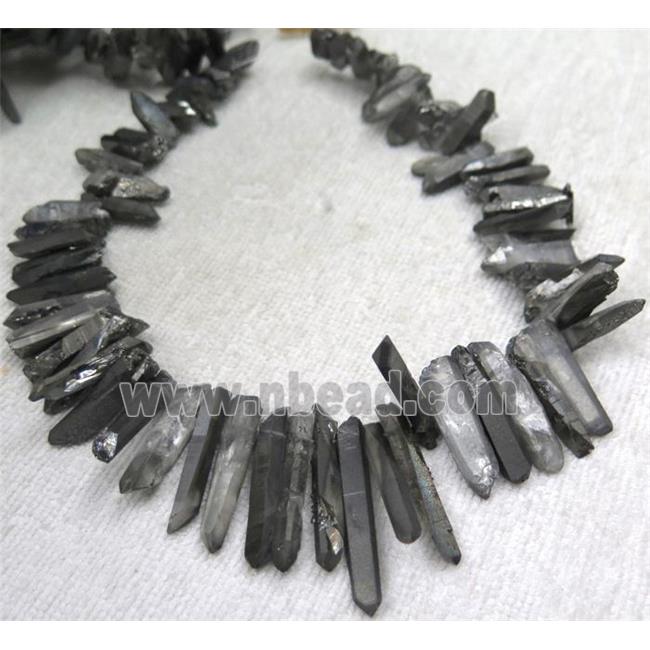 clear quartz beads, stick, half black electroplated