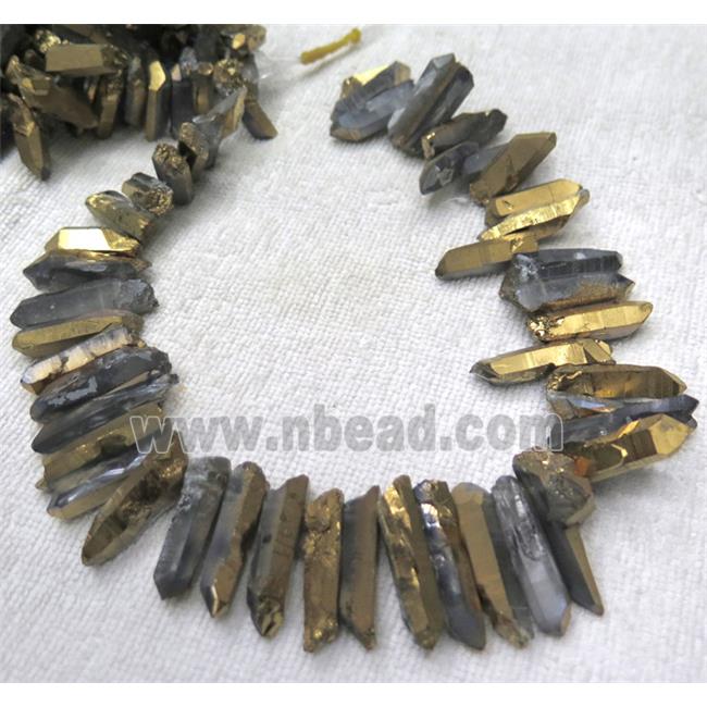 clear quartz beads, stick, half gold electroplated