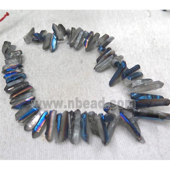 clear quartz beads, stick, half blue electroplated