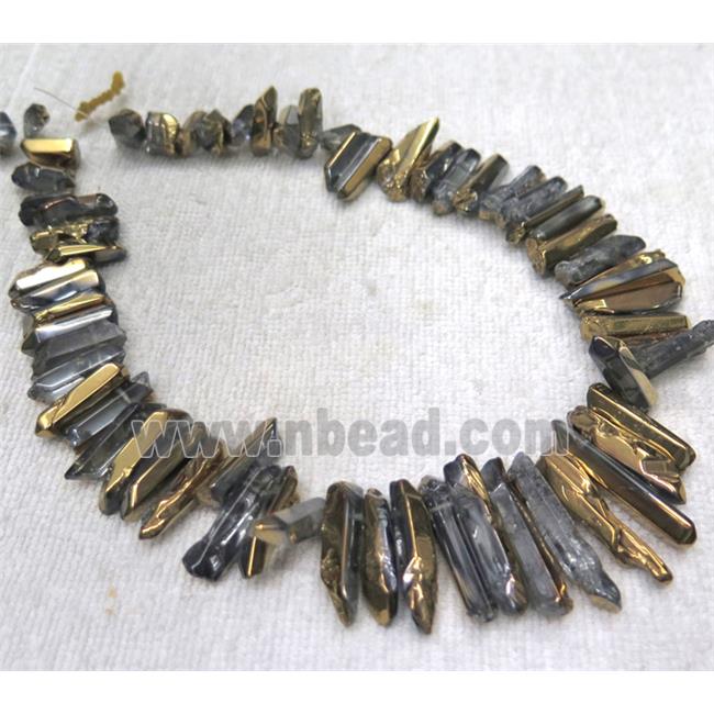 polished clear quartz beads, stick, half gold electroplated