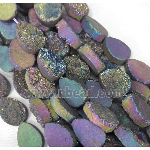 druzy quartz bead, teardrop, rainbow electroplated