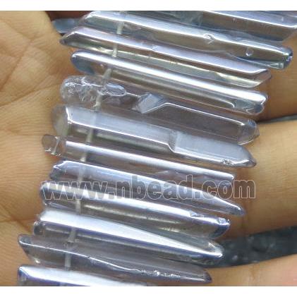 Clear Quartz stick beads, polished, gray-blue electroplated