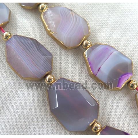 purple agate beads, faceted freeform, gold plated