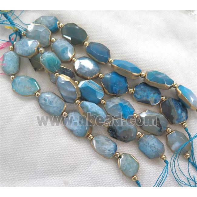 blue agate beads, faceted freeform, gold plated