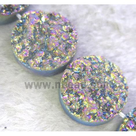 druzy agate bead, flat-round, rainbow electroplated