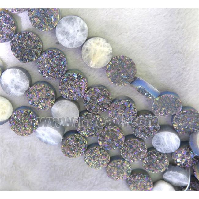 druzy agate bead, flat-round, rainbow electroplated