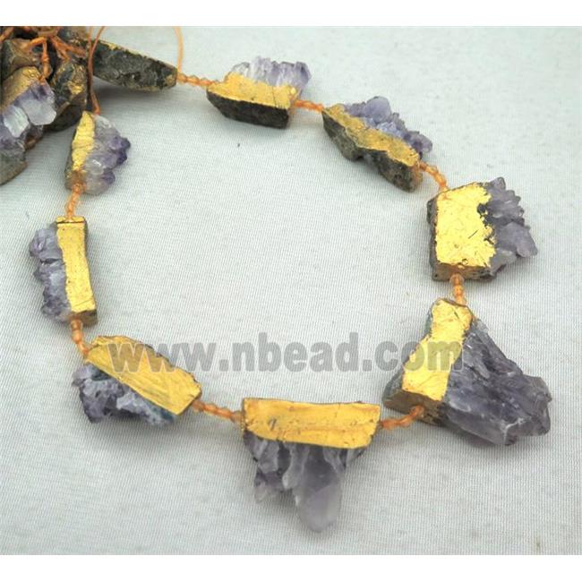 amethyst druzy collar beads, slice, purple, gold plated