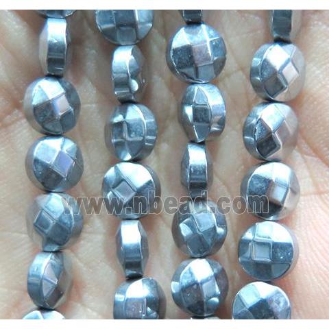 Hematite beads, faceted flat-round, platinum plated