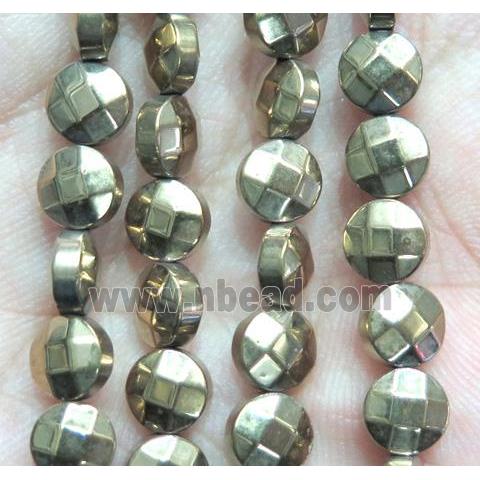 Hematite beads, faceted flat-round, gold plated