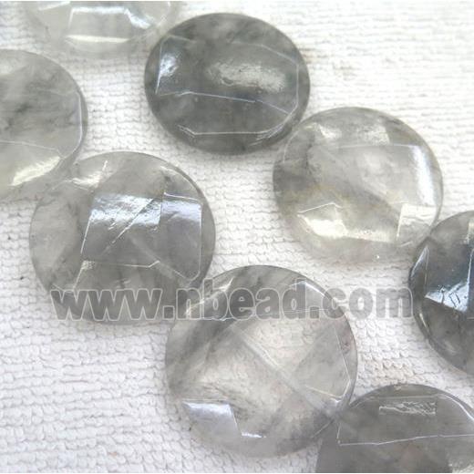 grey cloudy quartz beads, faceted flat-round