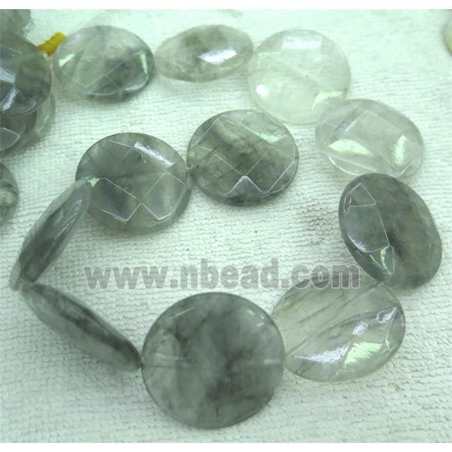 grey cloudy quartz beads, faceted flat-round