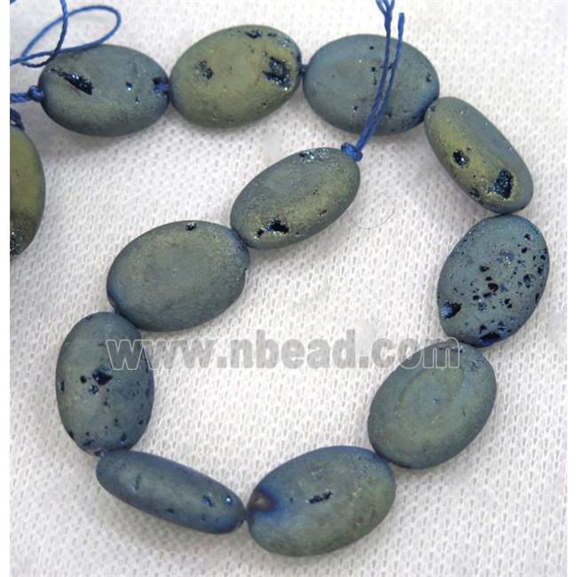 8" string of druzy agate oval beads, matte, green electroplated