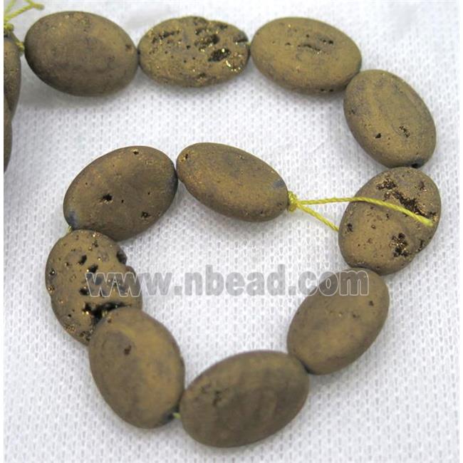 8" string of druzy agate oval beads, matte, golden electroplated