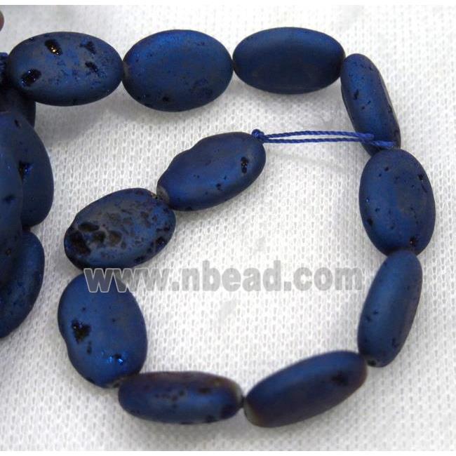 8" string of druzy agate oval beads, matte, blue electroplated
