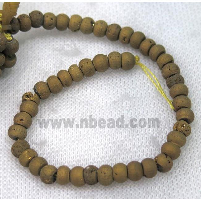 8" string of druzy agate rondelle beads, matte, golden electroplated