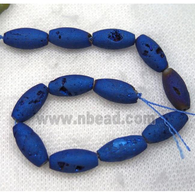 8" string of druzy agate rice beads, matte, blue electroplated