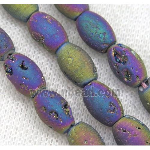 8" string of druzy agate rice beads, matte, rainbow electroplated