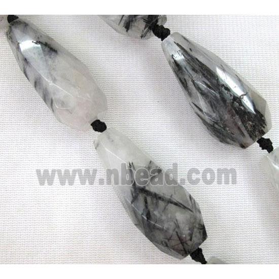 black rutilated quartz beads, faceted teardrop