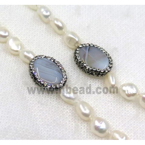 white freshwater pearl necklace pave rhinestone, heihua agate