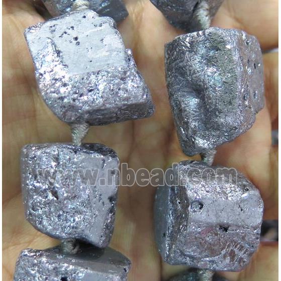 clear quartz nugget beads, freeform, rough, silver electroplated