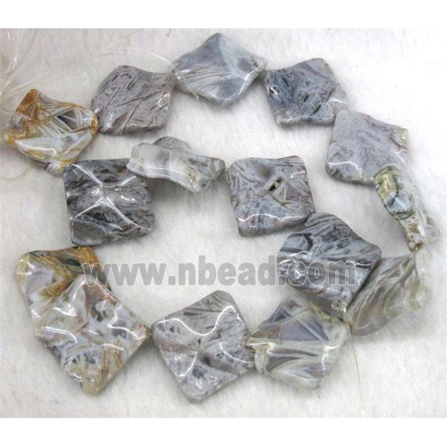 gray Bamboo Agate beads, wave corner-drilled square