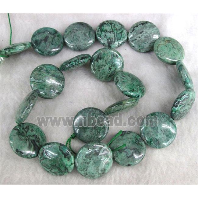 picture jasper bead, green, flat round