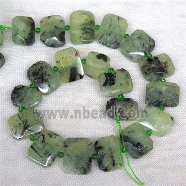 green Prehnite nugget bead, faceted rectangle