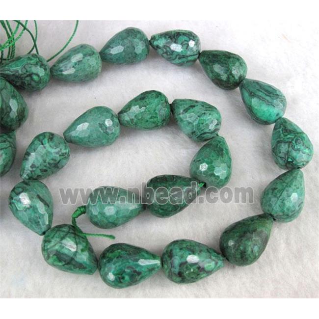 green picture jasper beads, faceted teardrop