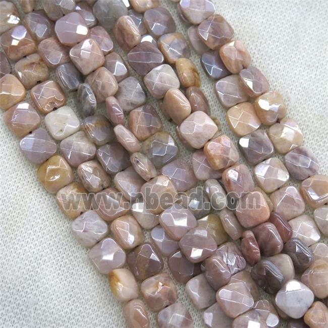 peach MoonStone beads, faceted square, AB color plated