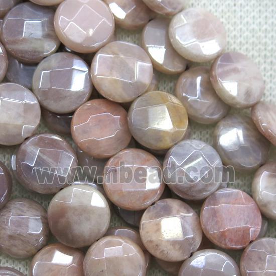 peach MoonStone beads, faceted flat-round, AB color plated