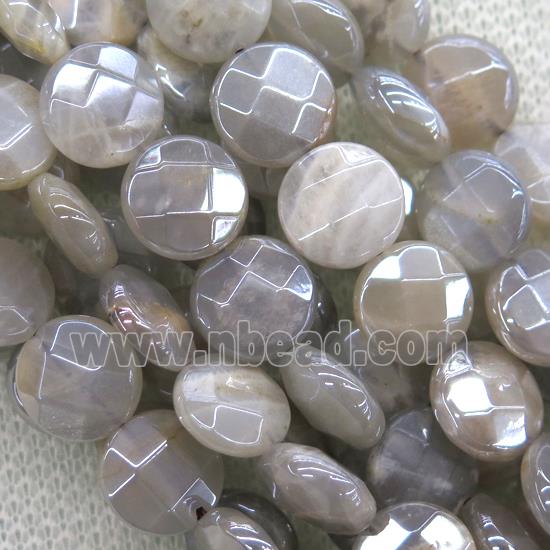 gray MoonStone beads, faceted flat-round, AB color plated