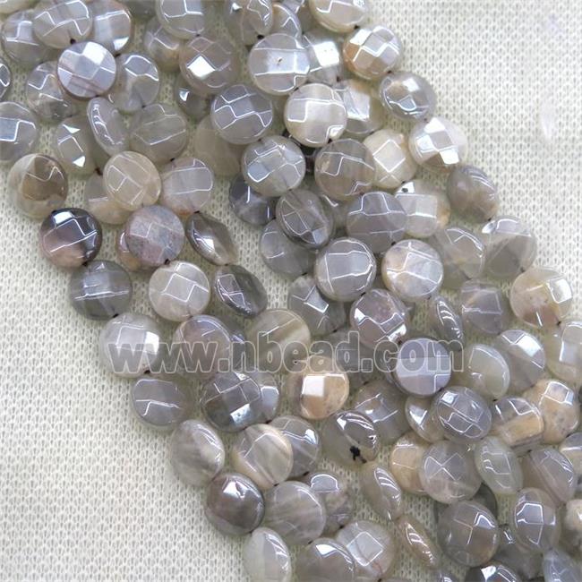 gray MoonStone beads, faceted flat-round, AB color plated