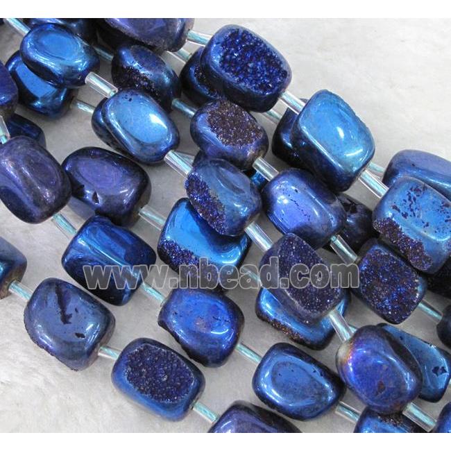 druzy quartz beads, freeform, blue electroplated