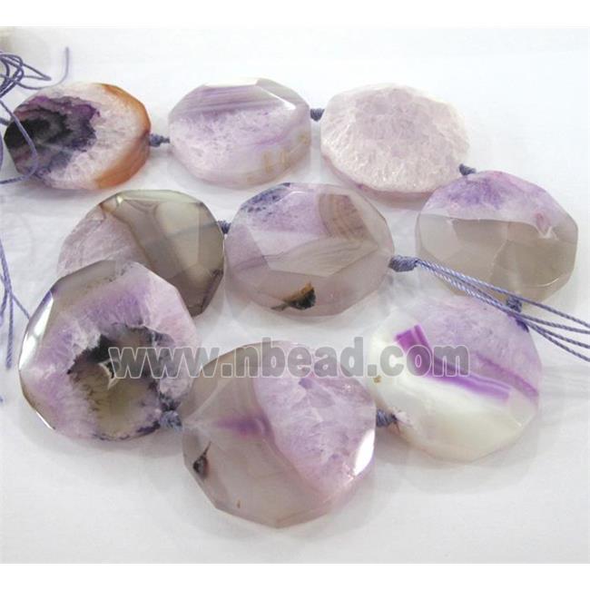 druzy agate beads, faceted flat-round, purple