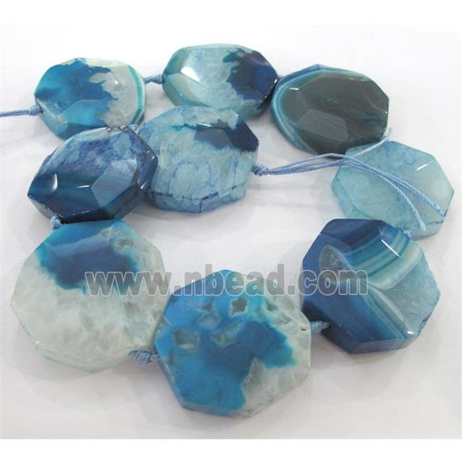 druzy agate beads, faceted flat-round, blue