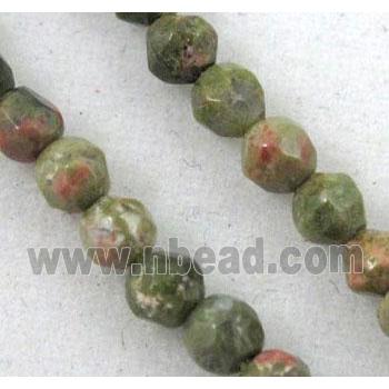 tiny unakite beads, green, faceted round