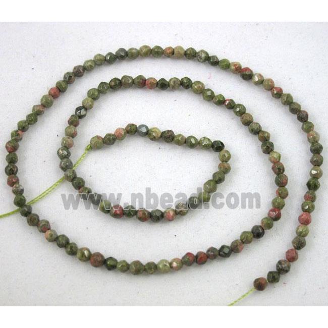 tiny unakite beads, green, faceted round