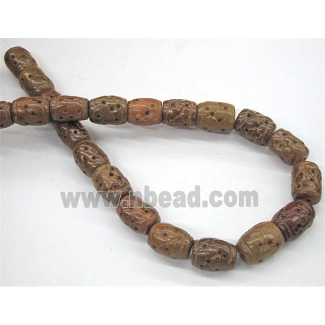Chinese Jade Beads, barrel, brown, carved