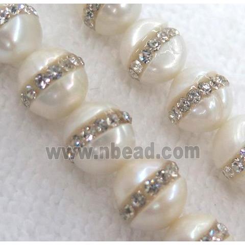 white pearl shell beads, paved rhinestone