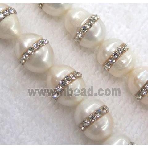 white freshwater pearl bead, paved rhinestone, rice-shaped