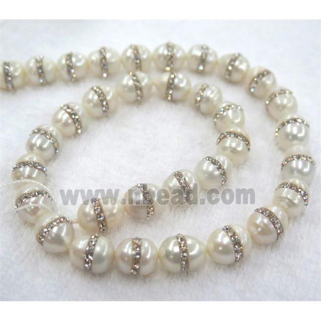 white freshwater pearl bead, paved rhinestone, rice-shaped