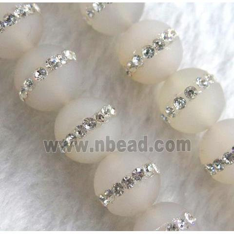 white agate beads with rhinestone, round, matte