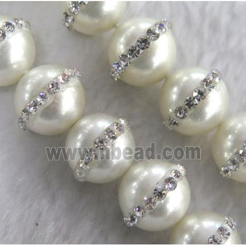 peral shell beads with rhinestone, round, white