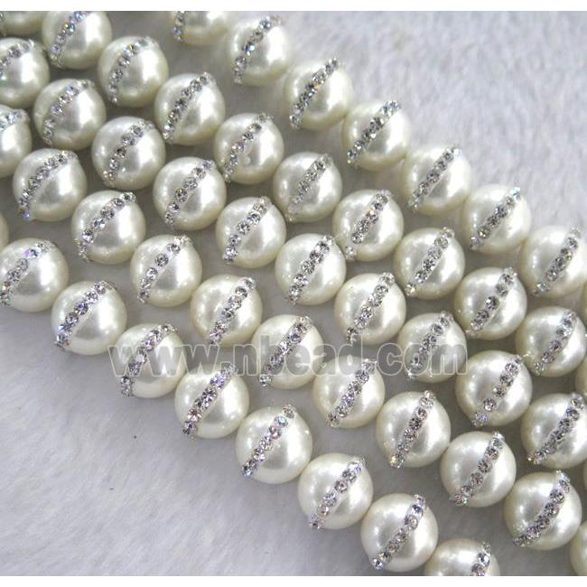peral shell beads with rhinestone, round, white