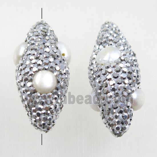 white pearl beads paved silver rhinestone, oval
