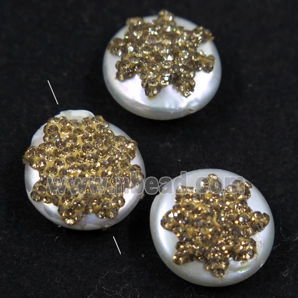 freshwater pearl beads paved yellow rhinestone, coin round