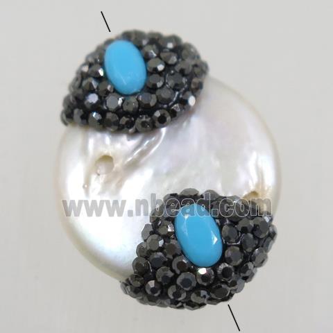 freshwater pearl beads paved rhinestone, flat round