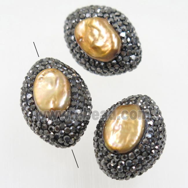 golden freshwater pearl beads paved rhinestone, oval