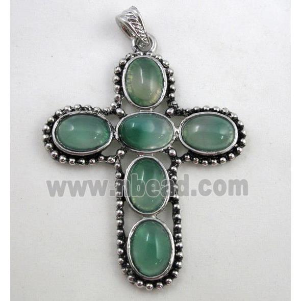 gemstone pendant, cross, green aventurine, antique silver