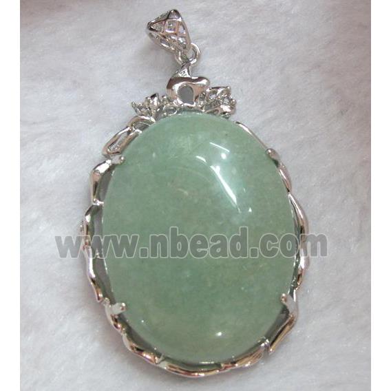 Green Aventurine pendant, oval, platinum plated
